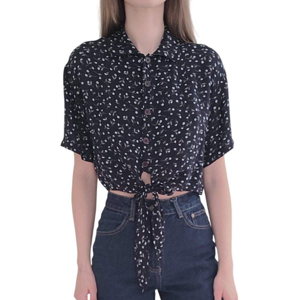 90s Navy Blue Floral Cropped Short Sleeve Blouse women's small/medium